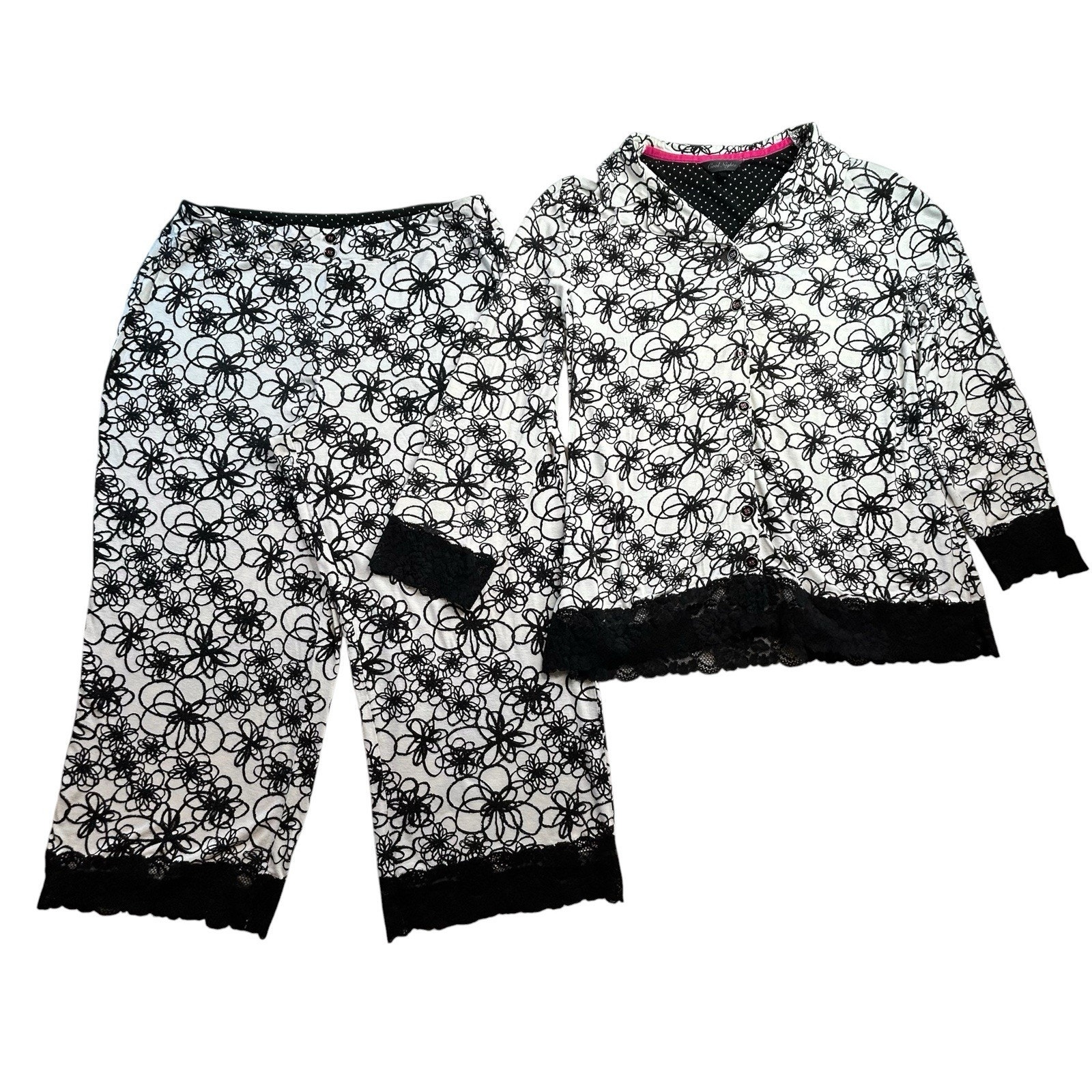 Cool Nights Medium Pj Set Abstract Black-And-White Floral Lace